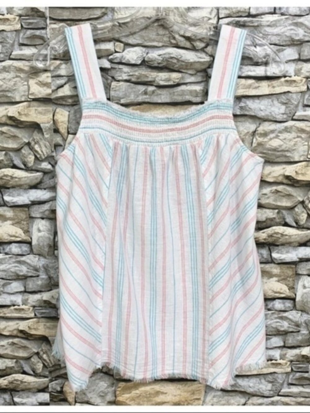 #01 Med Vince Camuto Sleeveless Smocked Edge Striped Tank Top Blouse Ocean Wave